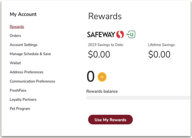 Rewards dashboard showing zero savings and zero points