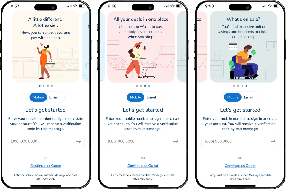 App onboarding screens highlighting one-app shopping, the wallet, and digital coupons