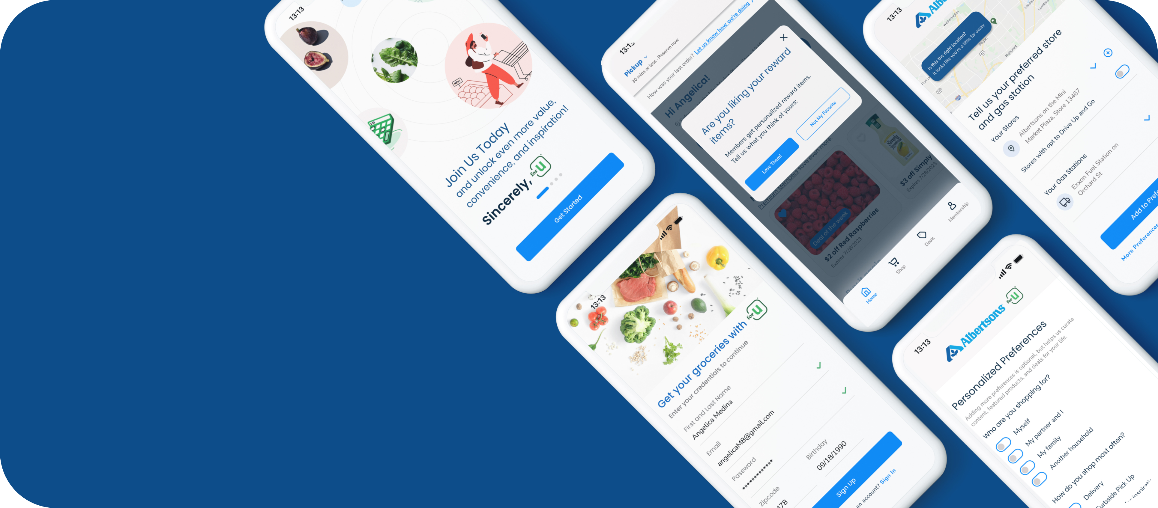 Albertsons for U app onboarding screens: welcome, account sign up, and personalized preferences