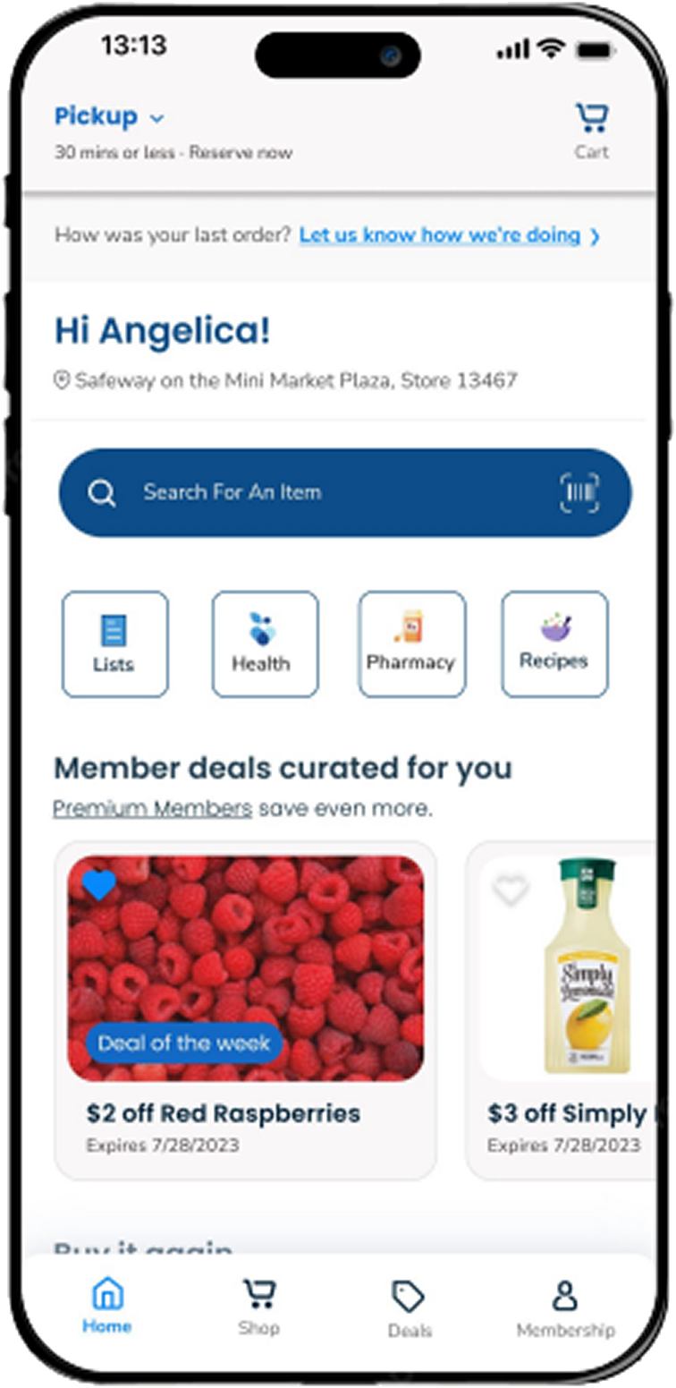 Home screen with personalized member deals and buy it again