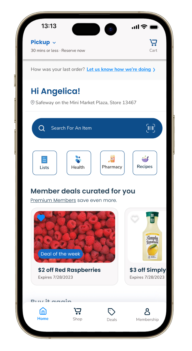 Albertsons app pickup and rewards screen