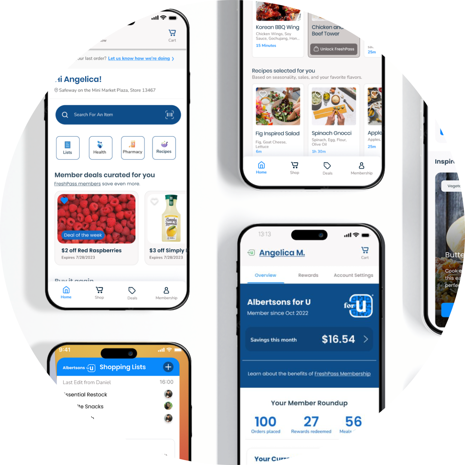 Albertsons app screens: home, deals, and recipes
