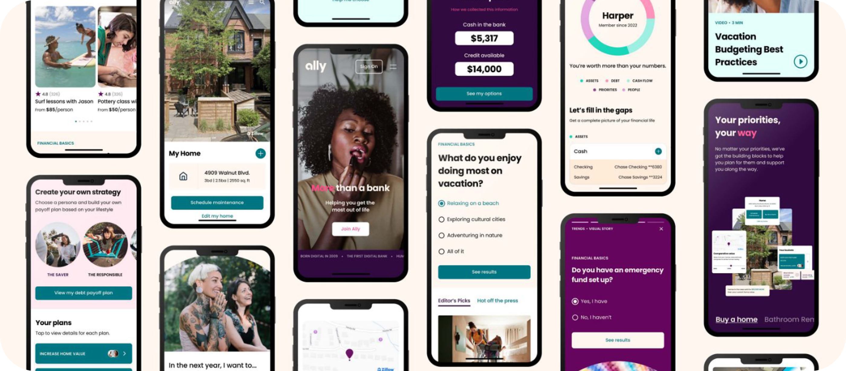 Content hub screens across mobile: article views, interactive tools, personalized recommendations, and savings prompts