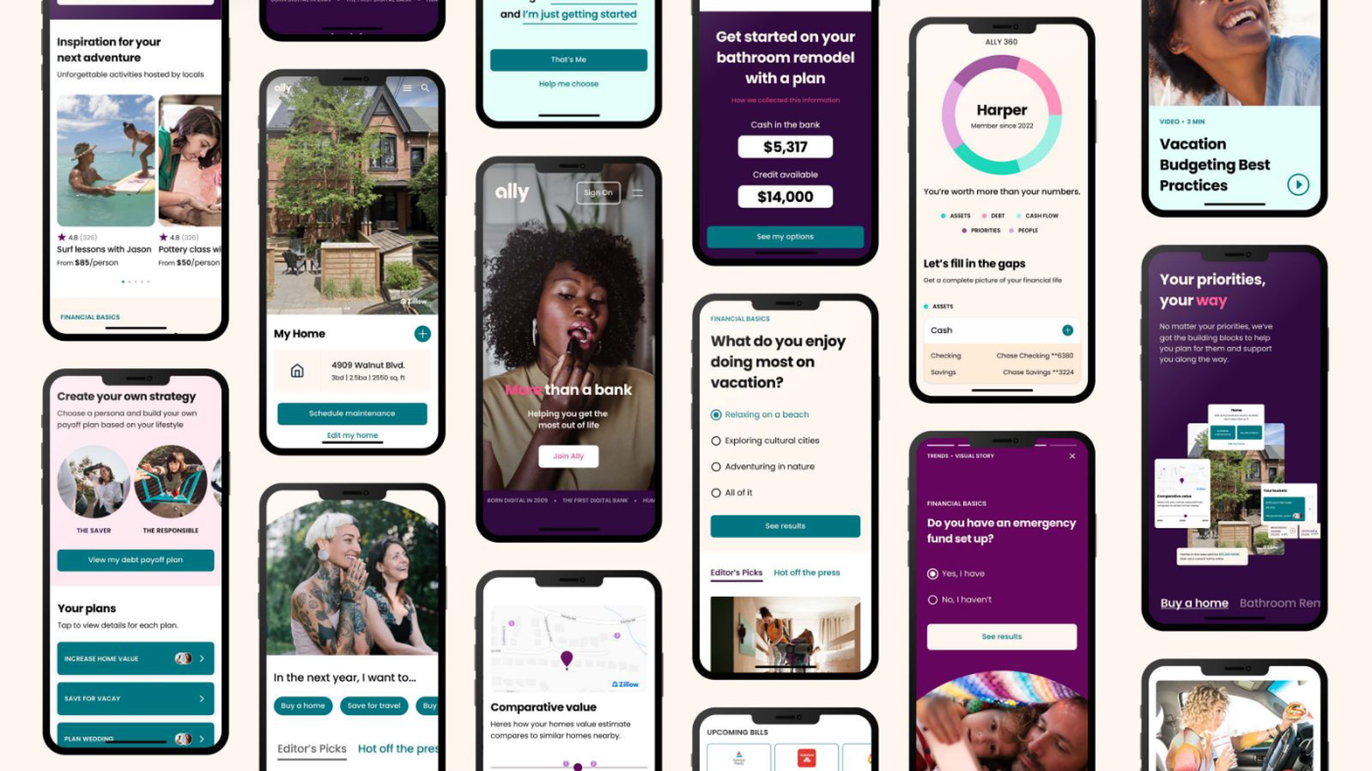 Content hub screens across mobile: article views, interactive tools, personalized recommendations, and savings prompts