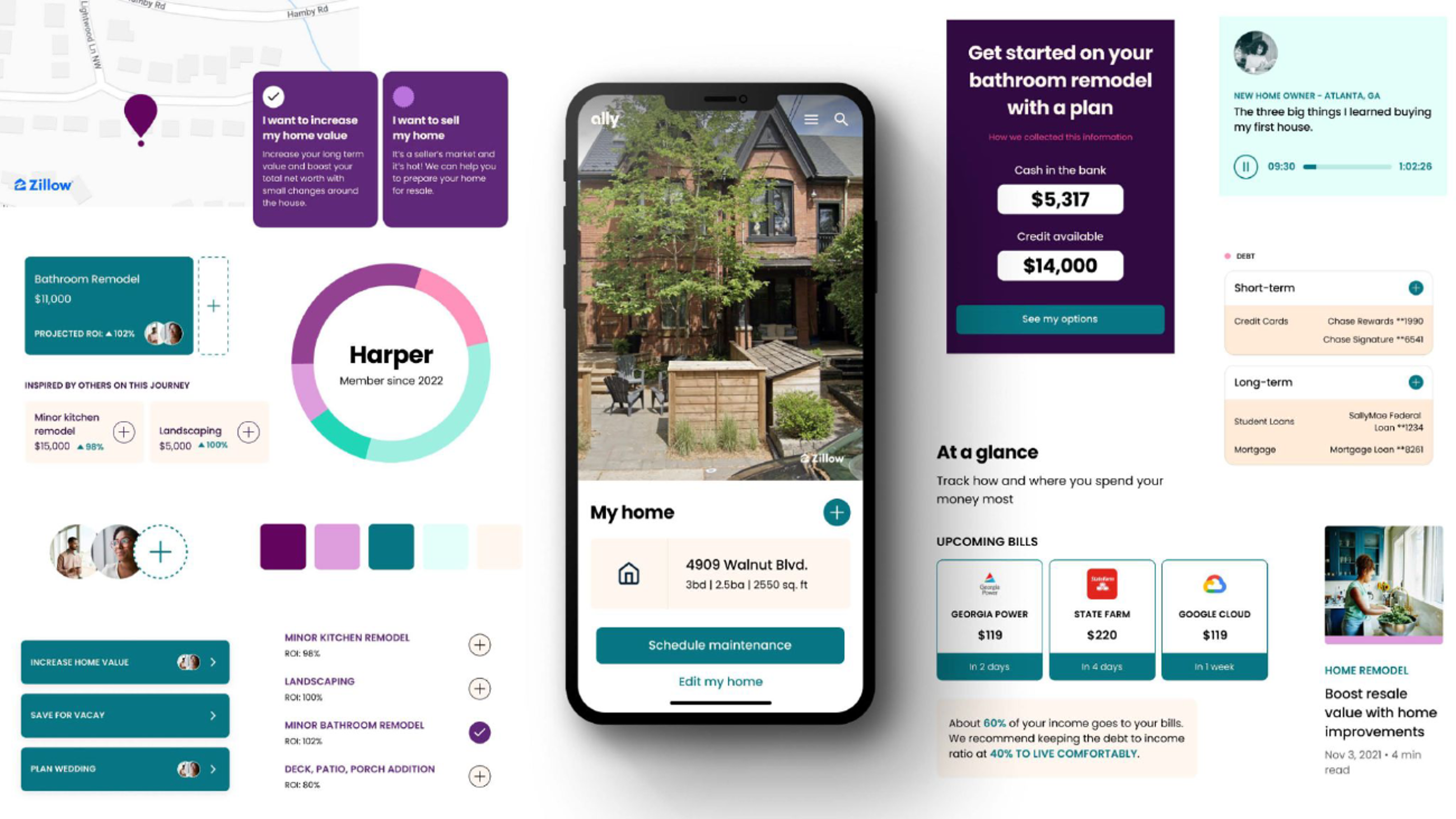 Content hub modules shown on desktop and mobile: personalized recommendations, savings tools, and editorial features