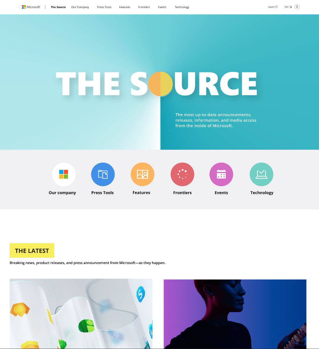 Prototype of the informational hub, working name The Source, with company news, press tools, and featured stories