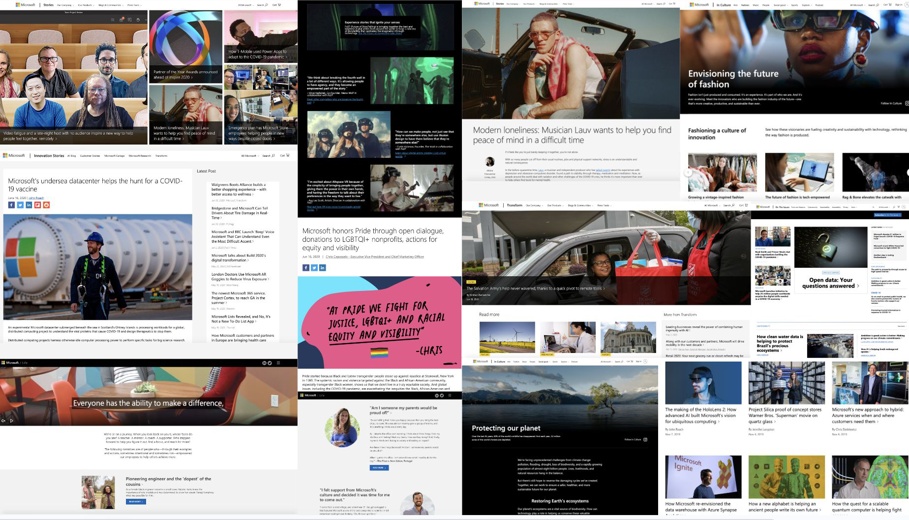 Audit collage of Microsoft's existing content properties: Stories, Transform, In Culture, Innovation Stories, On the Issues, Life, and the AI Blog