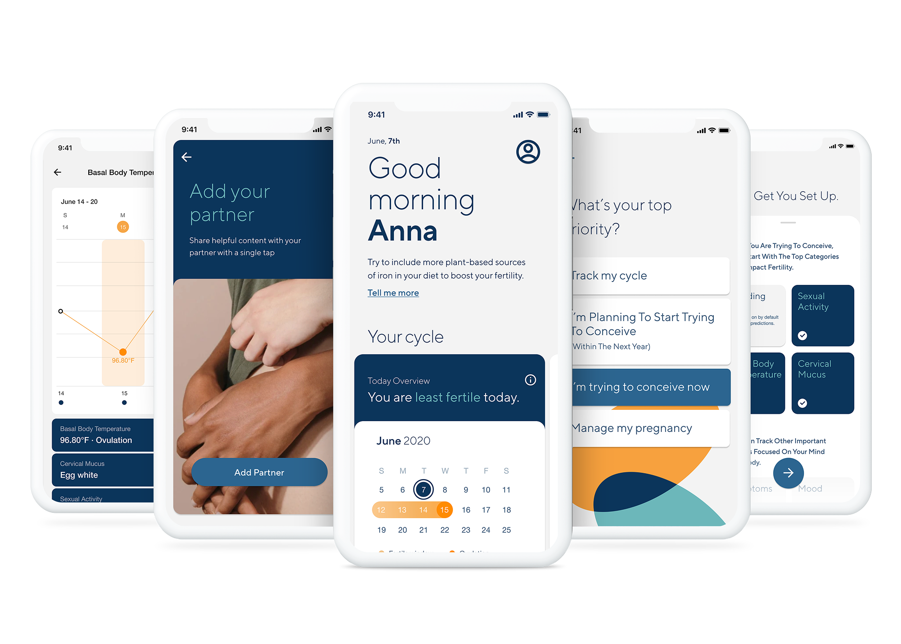 Obie app screens: cycle tracking, partner sharing, and daily insights