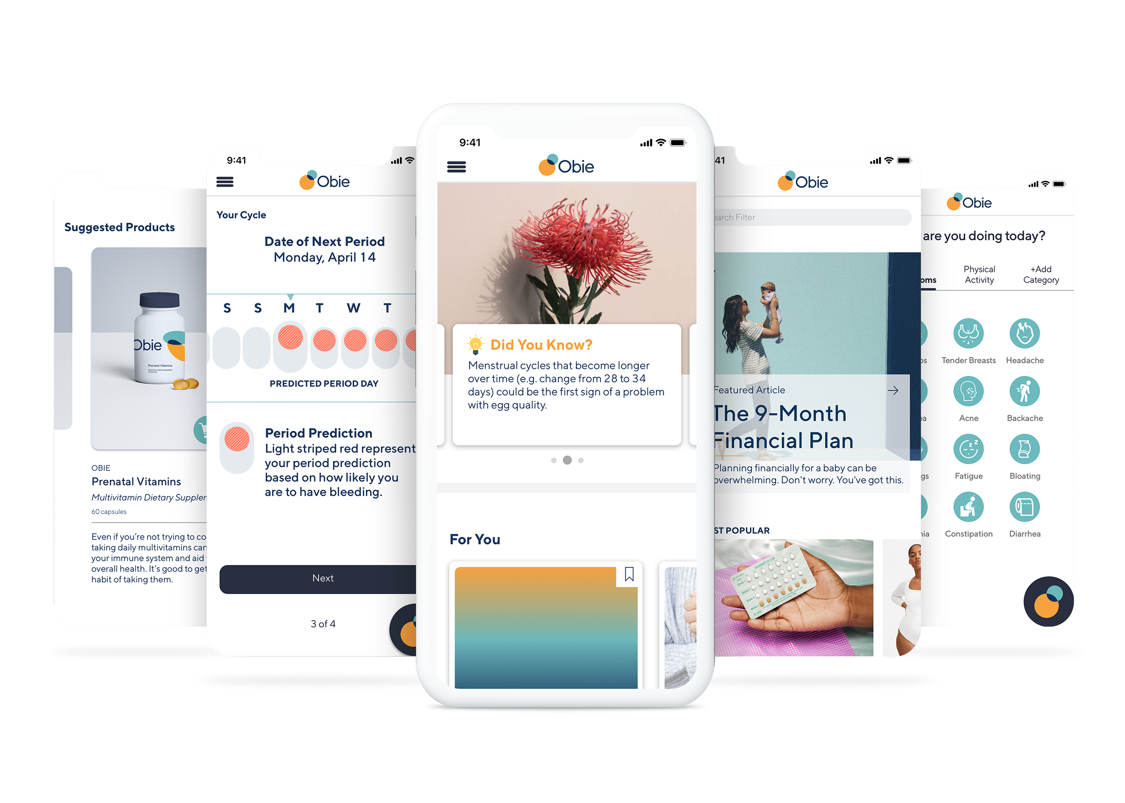 Final Obie app screens: suggested products, cycle calendar, and did-you-know content