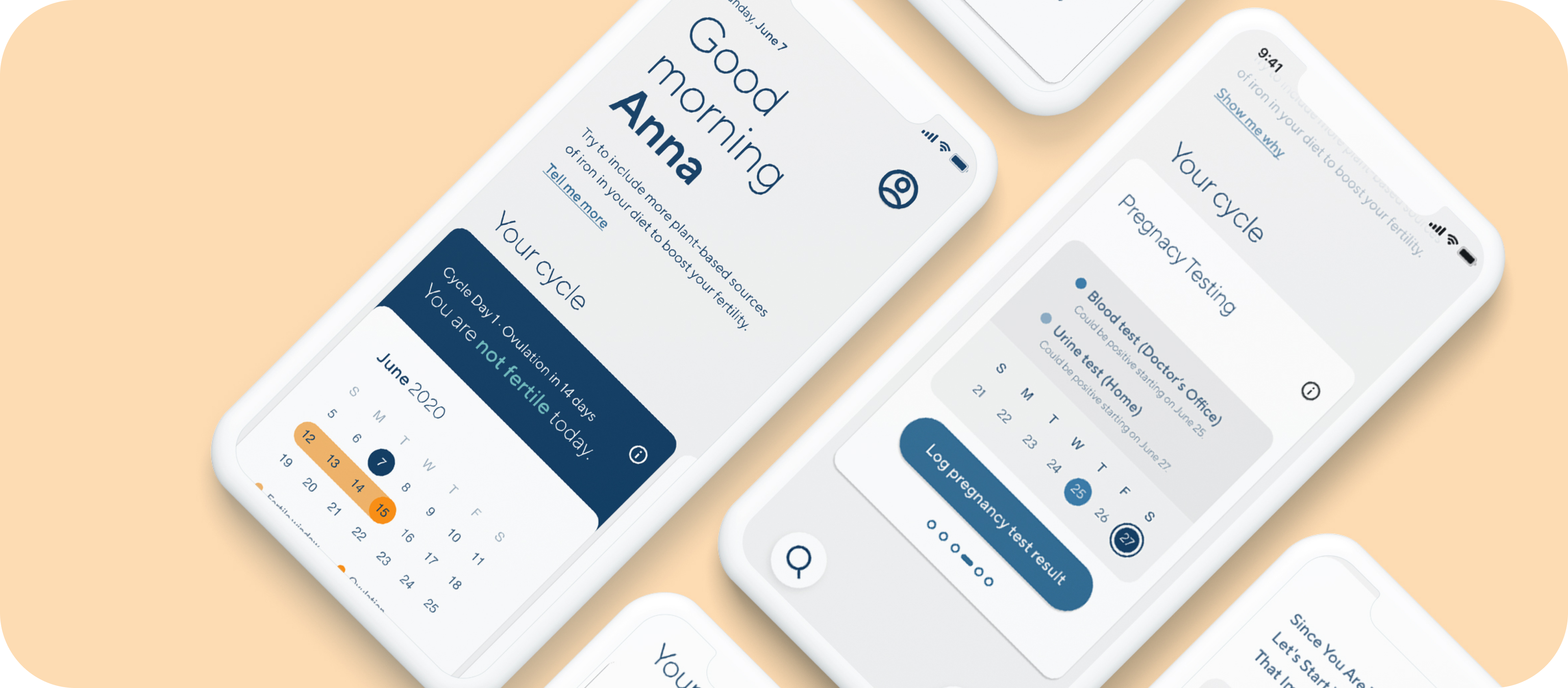 Obie app screens: daily cycle overview and pregnancy testing tracker