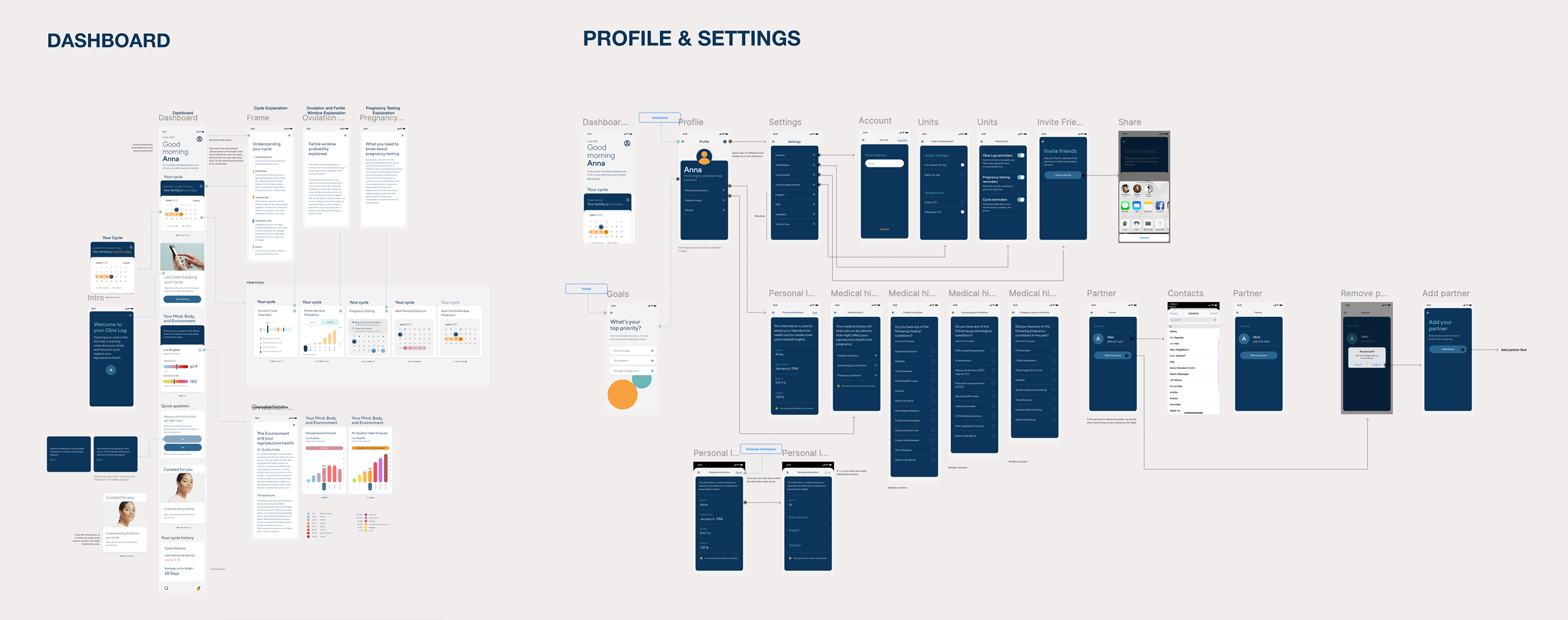Wireframe flows for the Obie dashboard and profile and settings screens